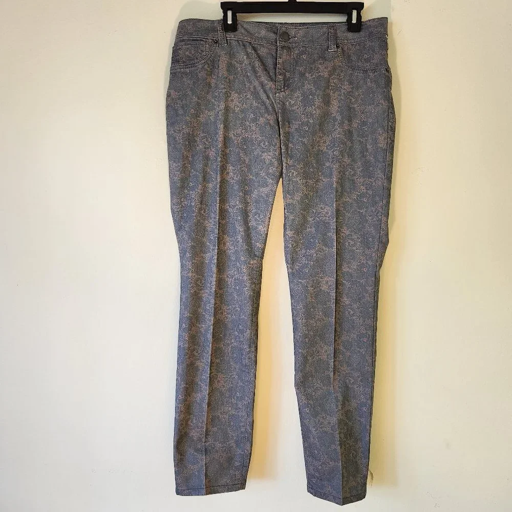 Ink Denim Bluegreen/Gold Brocade Paisley Floral Damask Stretch Pants Size 12